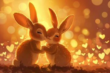 Fototapeta na wymiar Tender Bunny Embrace Amidst a Whimsical Heart Bokeh. Love, Affection Concept. Valentine's Day. Generative AI. 