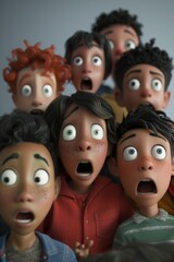 A crowd of children with frightened expressions on their faces. 3d illustration