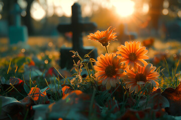  Flowers at the cemetery. Ai generated image - obrazy, fototapety, plakaty