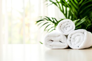 Fototapeta na wymiar Folded white towels sit on a table against a backdrop of lush green planting reminiscent of a spa.