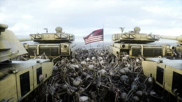 American military tanks Abrams and skulls. Help for ukraine. Anti war concept.