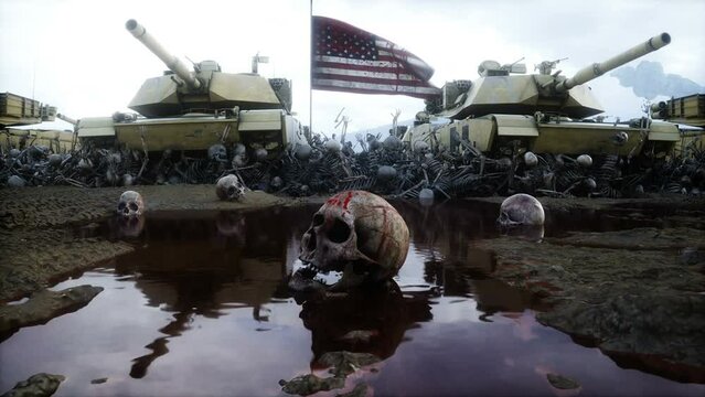 American military tanks Abrams and skulls. Help for ukraine. Anti war concept.
