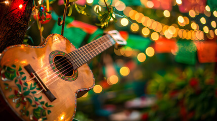 Naklejka premium A beautifully decorated guitar leans against a tree, its intricate designs catching the soft glow of multicolored festival lights in the background, creating a festive atmosphere.Cinco de mayo concept