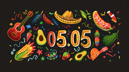 A festive and colorful illustration dedicated to Cinco de Mayo festivities, displaying iconic Mexican cultural symbols all surrounding the date 05 05