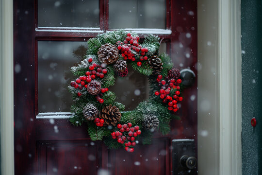 Christmas wreath hung on the door