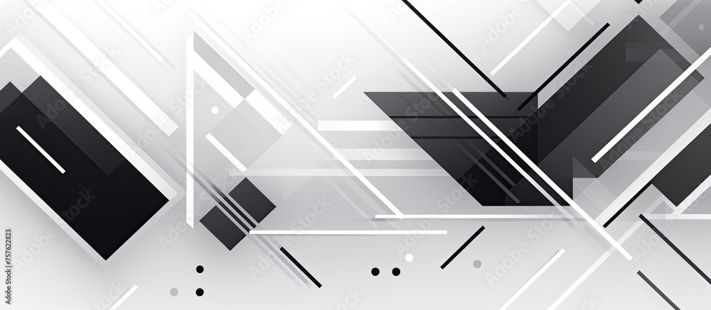 Poster a monochromatic abstract backdrop featuring triangles, rectangles, circles, and parallel lines, crea