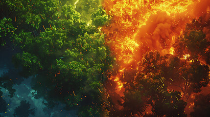 This image portrays a stark contrast between two halves: one vibrant and green, the other consumed by flames. - obrazy, fototapety, plakaty