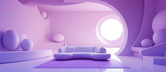 A violet living room with a magenta couch and a round window. The ceiling is painted in electric blue, creating an automotive lighting event - Powered by Adobe