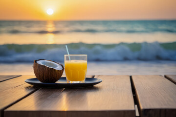 glass of orange juice on the beach