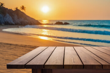 Fototapeta na wymiar wooden table at sunset beach