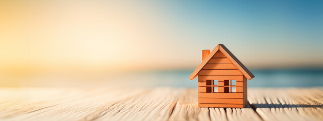 Dream home concept. Miniature wooden house model on seashore at sunrise with sky background, exuding tranquility and dreams of coastal living. Real estate investment and vacation home marketing - obrazy, fototapety, plakaty