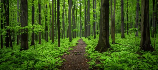 Fototapeta premium Tranquil forest path in serene nature landscape with trees and road, ideal for backgrounds