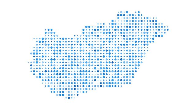 Hungary dotted digital map. Map of Hungary with pulsating colored circles. Shape of the country filled with blue disks. Classy video.