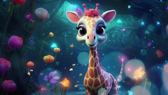 Adorable fluffy giraffe calf frolicking happily in the tall grass of the savannah Seamless looping 4k time-lapse virtual video animation background. Generated AI