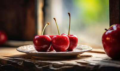 Healthy food, ripe fresh cherries on the table in the sunlight from the window. Vintage style