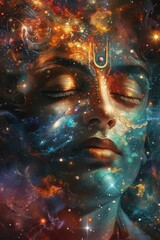 Lord Krishna merged with cosmic elements, galaxies and stars illuminating his serene countenance, symbolizing the divine connection to the cosmos in Hindu belief 🌌🕉️🌟