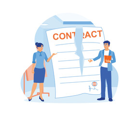 Businessmen and women terminate contractual agreements. Tear up signed contract documents. Contract agreement concept. Flat vector illustration.