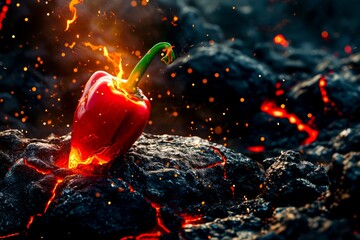 A bright image of a red bell pepper encased in a lava texture symbolizes the piquancy and sharpness of the taste. - obrazy, fototapety, plakaty