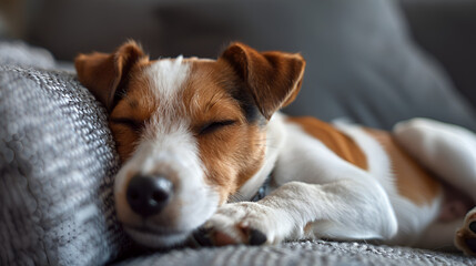 Dog puppy, perhaps a Jack Russell Terrier, examining the camera with curiosity. Cute dog with folded ears sleeping on the couch, grin etched over its face. Generative Ai 