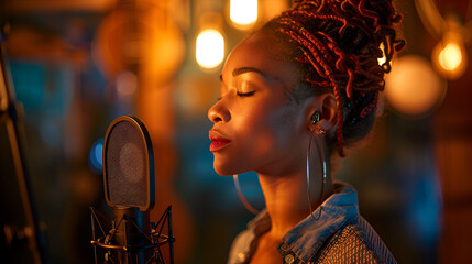 R&B Singer Female African-American Young Adult Recording vocals for upcoming album, singing R&B and soul music, Generative AI  - obrazy, fototapety, plakaty