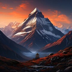 Serene painting capturing majestic mountain with pagoda in background, exuding sense of peace, tranquility. Wall art for home decor, especially in room with calming ambiance, travel brochures.