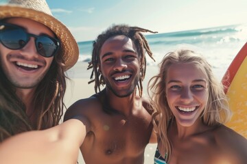 Fototapeta premium Surfing friends smiling on the beach.