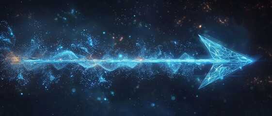 digital arrow pointing right shaped by vibrant blue matrix binary code. with pixelated motifs from behind. 