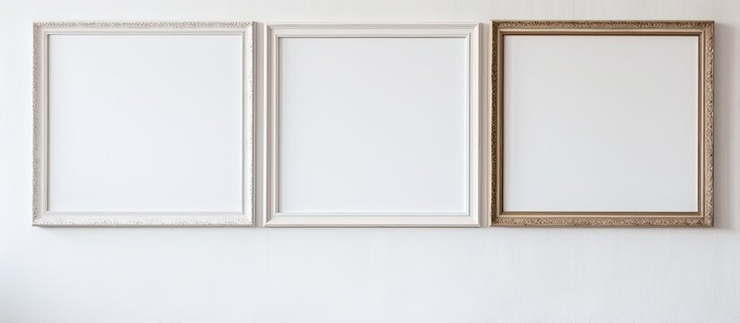Three square picture frames made of composite material hang on a white wall. The frames have a symmetrical design and feature tints of natural materials with glass inserts for transparency