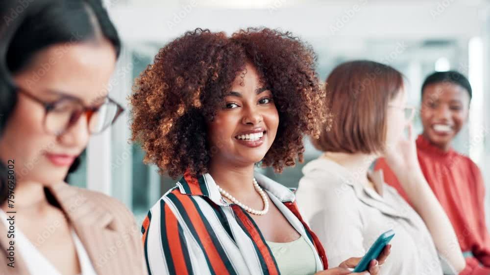 Poster black woman, team and typing with phone in row or meeting for communication or networking at office.