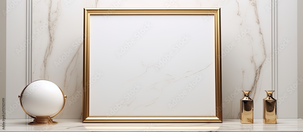 Poster a rectangular picture frame made of glass and metal is displayed on a marble shelf next to a globe, 