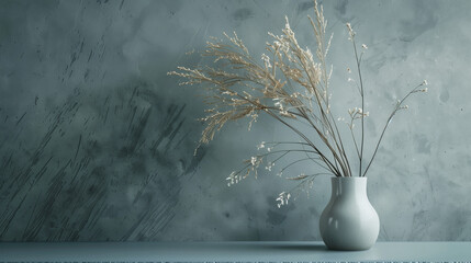 a sophisticated minimalist still life of dried flowers in a simple white vase against a textured, dark grey wall, showcasing an elegant and tranquil composition.