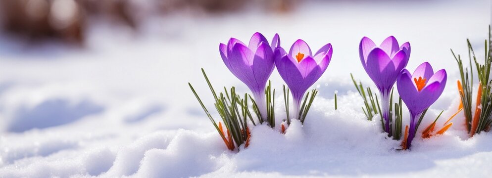Plant garden background. Early spring crocus. First bud flower. March snow melt. Winter day nature. new green grass growth. beauty light april bloom. cold white frost ice. floral leaf close up macro.