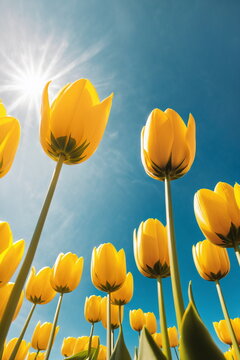 May floral bloom. Spring season background. Sunny flower field. Tulip garden landscape. Nature color. Bright sun blue sky. Light day park Green grass beauty. April leaf close up Fresh plant bulb grow.