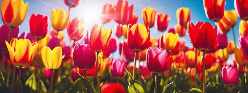 Tulip garden landscape. Sunny flower field. Spring season background. Nature color. May floral bloom. Light day park Green grass beauty. Fresh plant bulb grow. Bright sun blue sky. April leaf close up