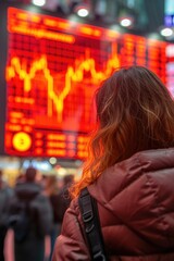 Obraz premium A woman stands before a Bitcoin halving results board, portraying anticipation and the impact on the cryptocurrency market 📊🪙👩‍💼