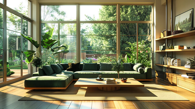 This captivating image depicts a modern living room, bathed in natural light from the large windows that span one wall.