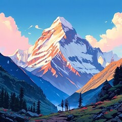 Serene painting capturing majesty of mountains, trees silhouetted against vibrant sunset. For meditation, mindfulness materials. Interior decor in spaces aiming for peaceful ambiance, natural beauty.