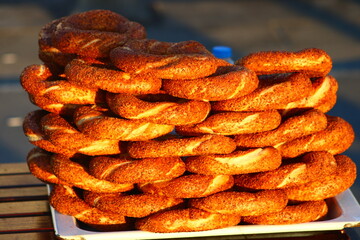 Turkish bagels arranged in a row