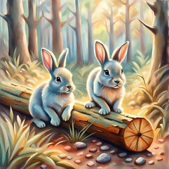 Two rabbits are perched on a fallen log in a vibrant, forested setting with warm light filtering through the trees