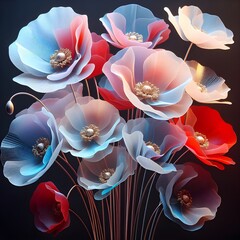 A collection of stylized poppies with translucent petals in shades of blue, red, and white. on black background