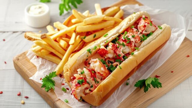 Delicious Lobster Roll and French Fries on a Wooden Table with Space for Copy
