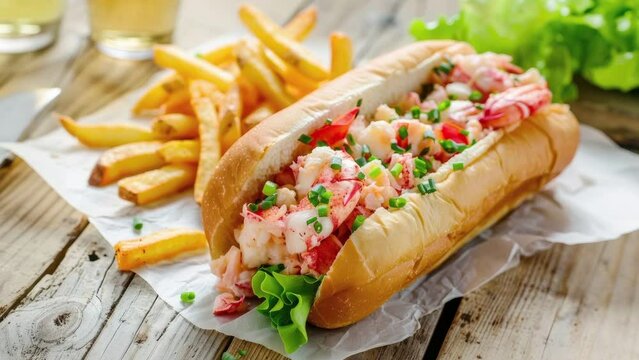 Delicious Lobster Roll and French Fries on a Wooden Table