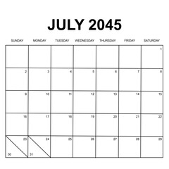 july 2045. monthly calendar design. week starts on sunday. printable, simple, and clean vector design isolated on white background.