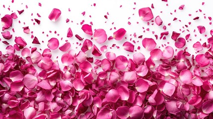 Rose petals on white background, top view. Space for text