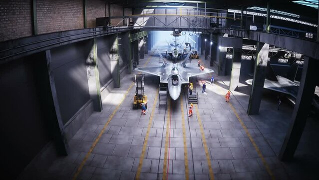 Production of military fighter jet f 22 raptor at the factory. Military factory weapon. Realistic 4k animation.