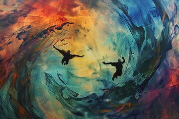 A painting showing two people skydiving through a sky filled with clouds. Generative AI - obrazy, fototapety, plakaty