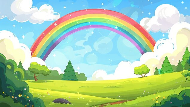 Cute Cartoon Rainbow in the Sky Over Green Grass in Countryside