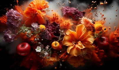 Colorful various flower and paints. Mix flower explosion, top view