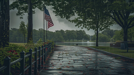 American Flag in a Rainy Park for Memorial Day, Veteran's Day, Patriotic