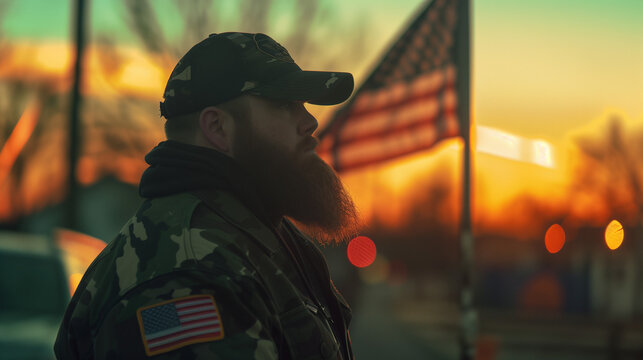 Patriotic Bearded American Man Wearing Camouflauge with American Flag